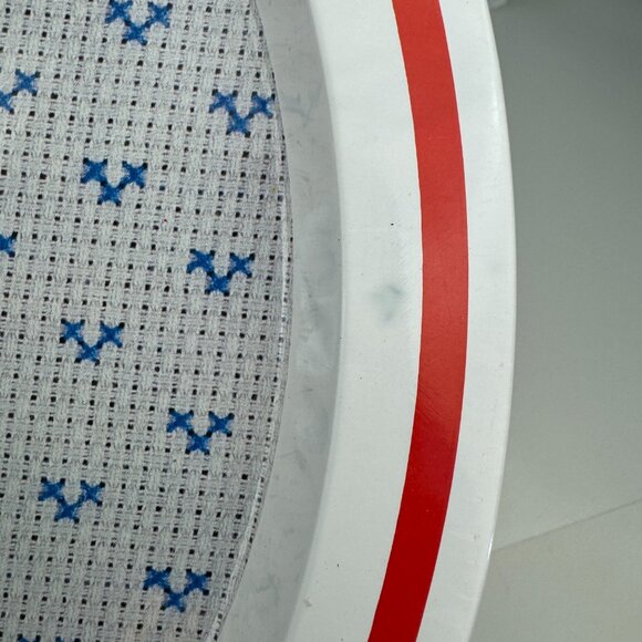 Vtg Round Metal Tin Tray Joy Printed Cross Stitch Design Teddy Bear SNP Chicago - Picture 7 of 13